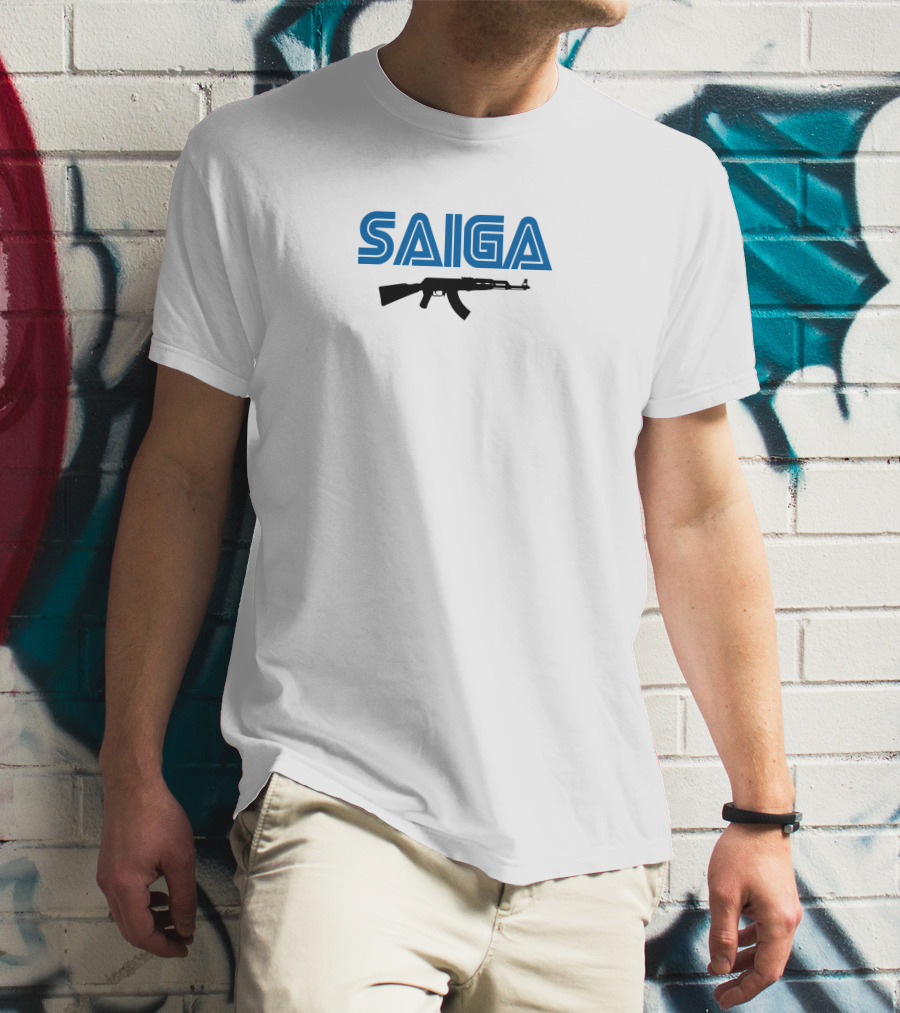 SAIGA AK47 Rifle Bold Blue Text T-Shirt