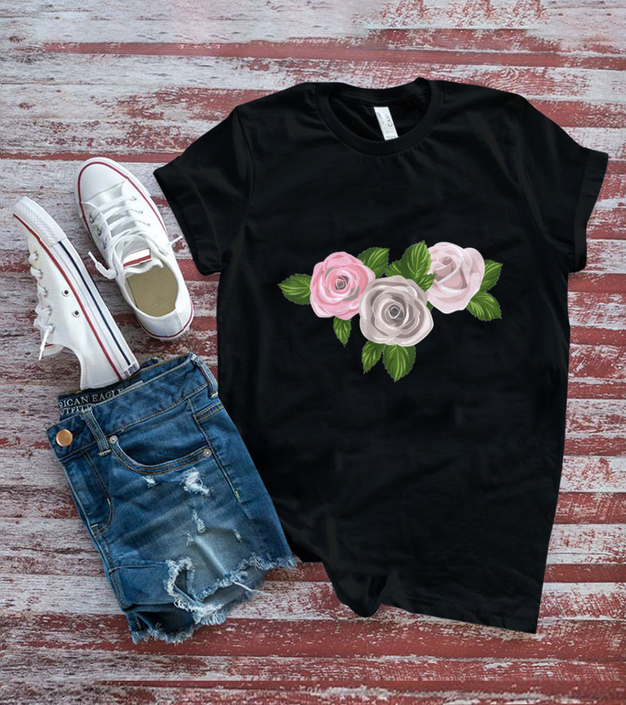 White And Pink Roses With Green Leaves T-Shirt