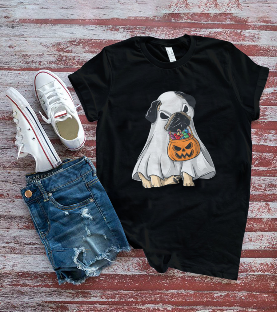 Bestee Shops Ghost Pug With Halloween Candy Bucket T-Shirt
