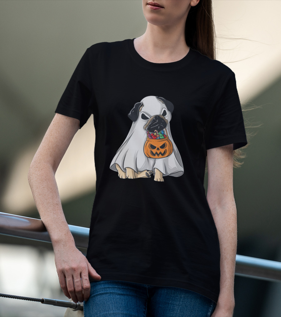 Bestee Shops Ghost Pug With Halloween Candy Bucket T-Shirt