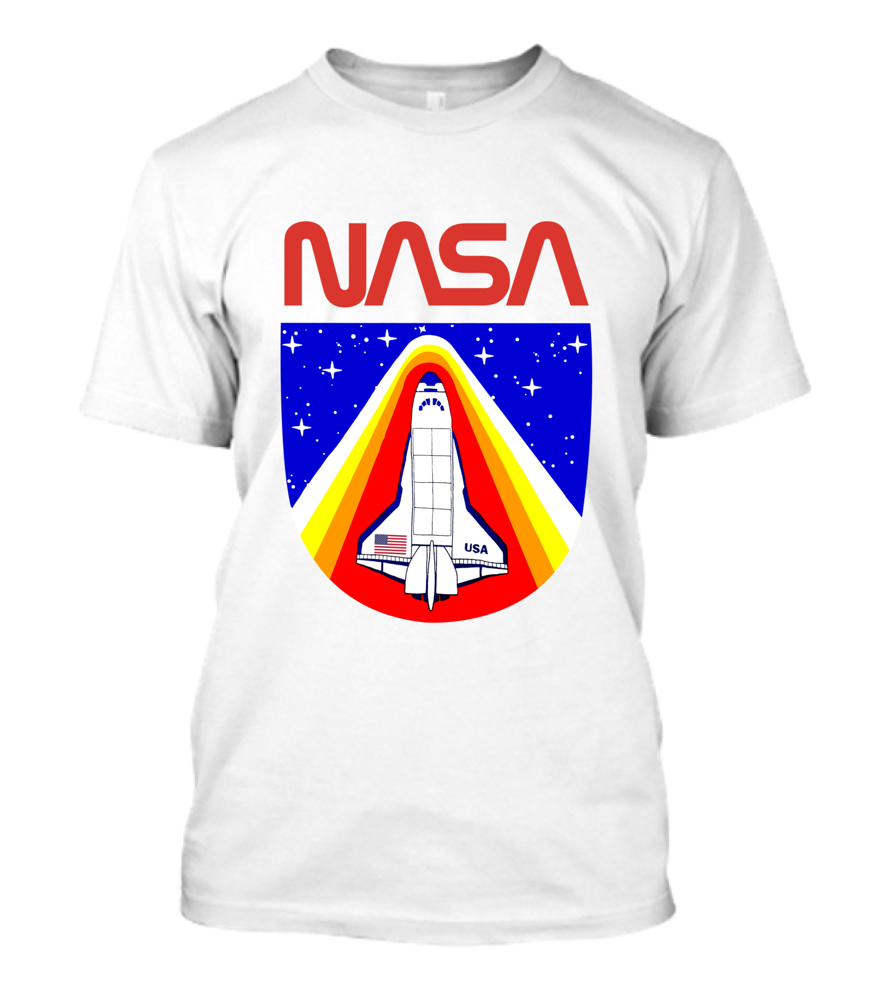 NASA Red Spaceship Emblem With Stars And Rainbow Trail T-Shirt