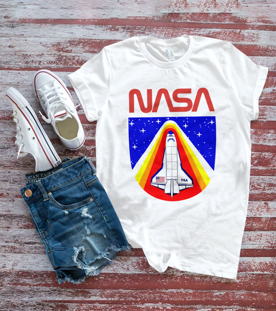 NASA Red Spaceship Emblem With Stars And Rainbow Trail T-Shirt