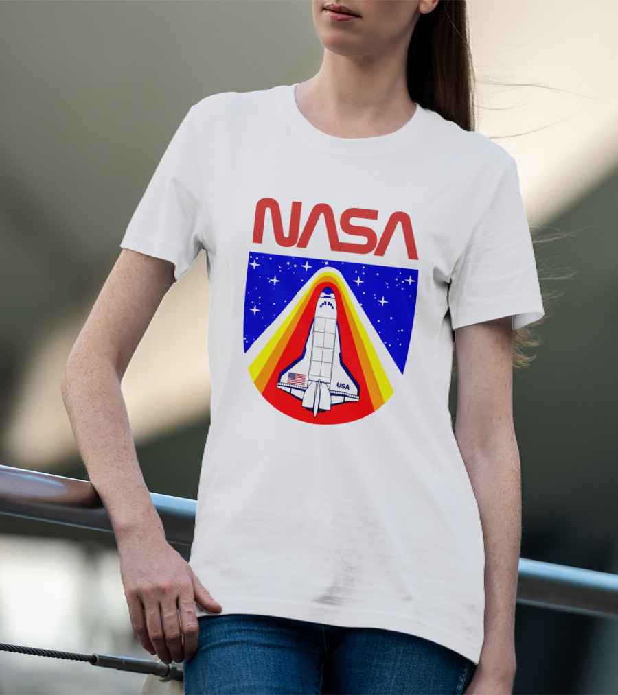 NASA Red Spaceship Emblem With Stars And Rainbow Trail T-Shirt