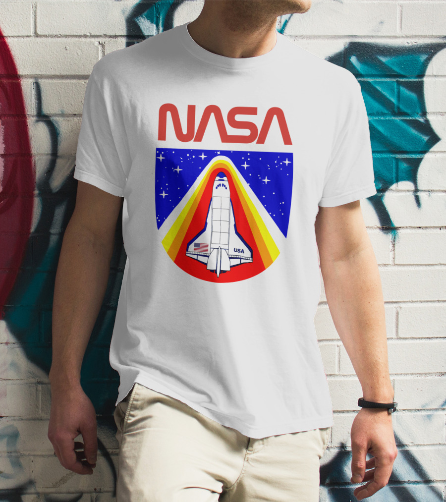 NASA Red Spaceship Emblem With Stars And Rainbow Trail T-Shirt
