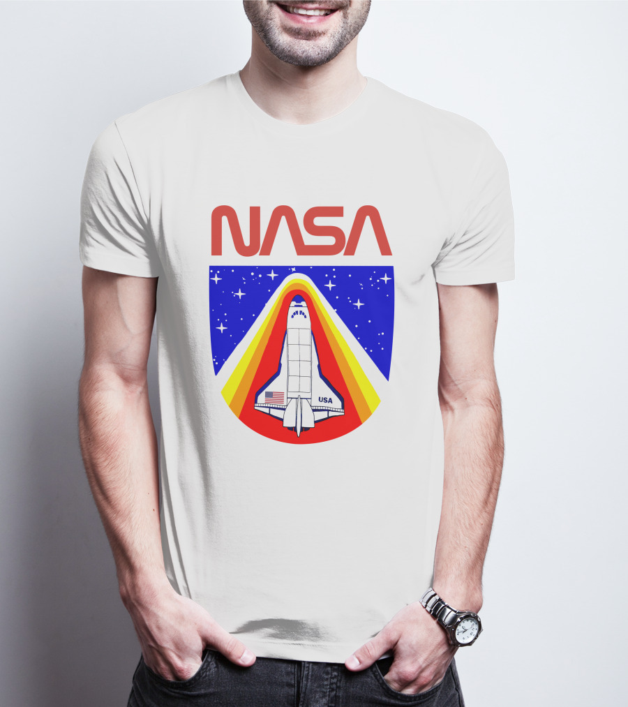 NASA Red Spaceship Emblem With Stars And Rainbow Trail T-Shirt