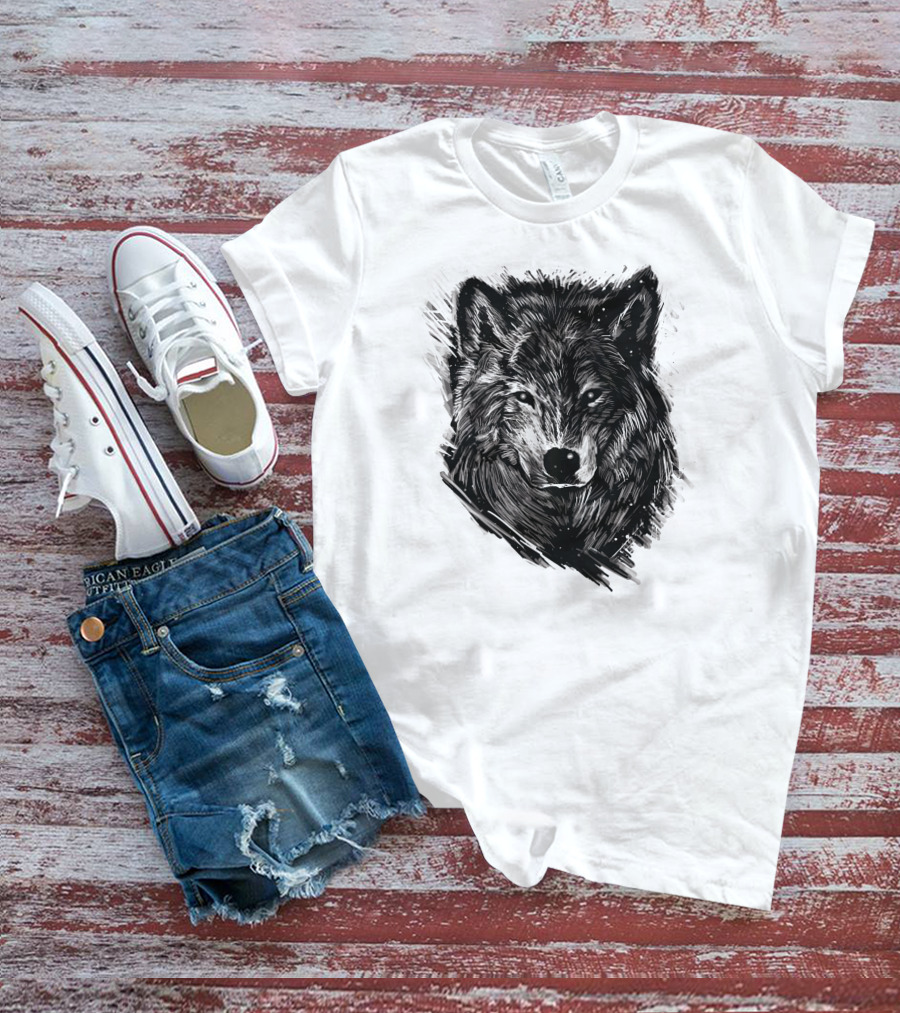 Wolf Sketch Black And White Drawing T-Shirt