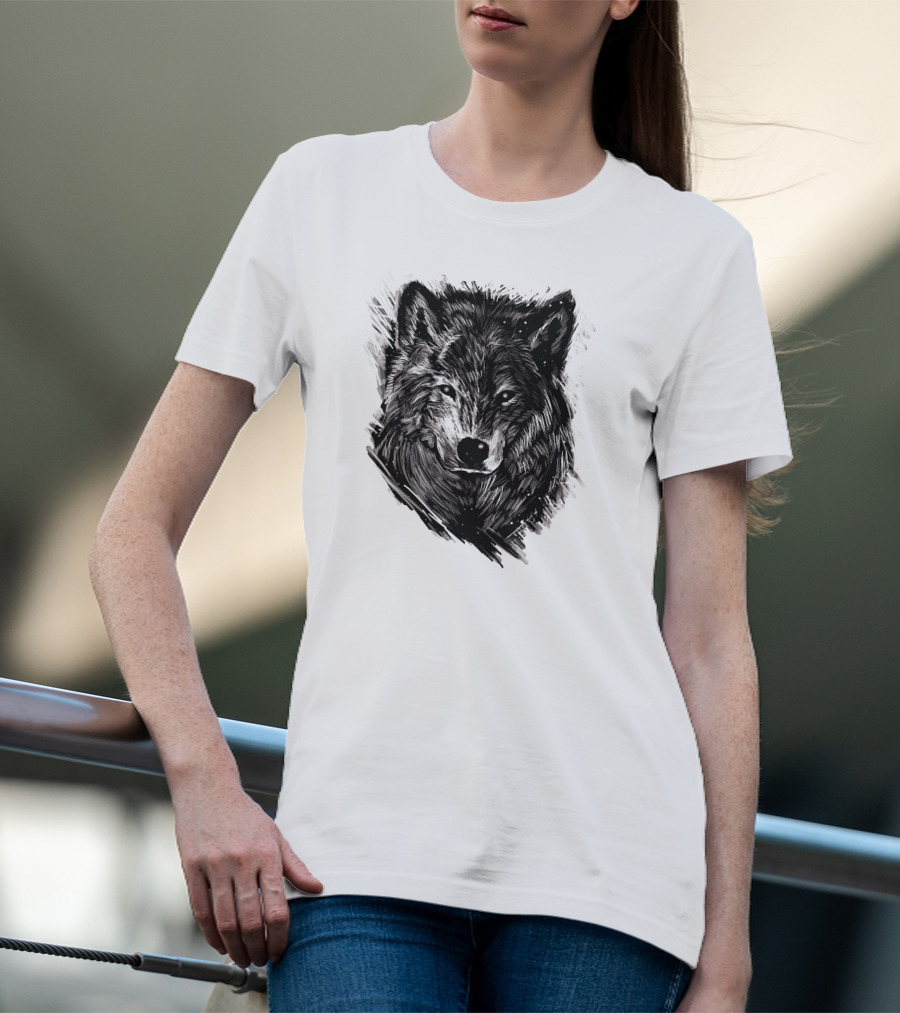 Wolf Sketch Black And White Drawing T-Shirt