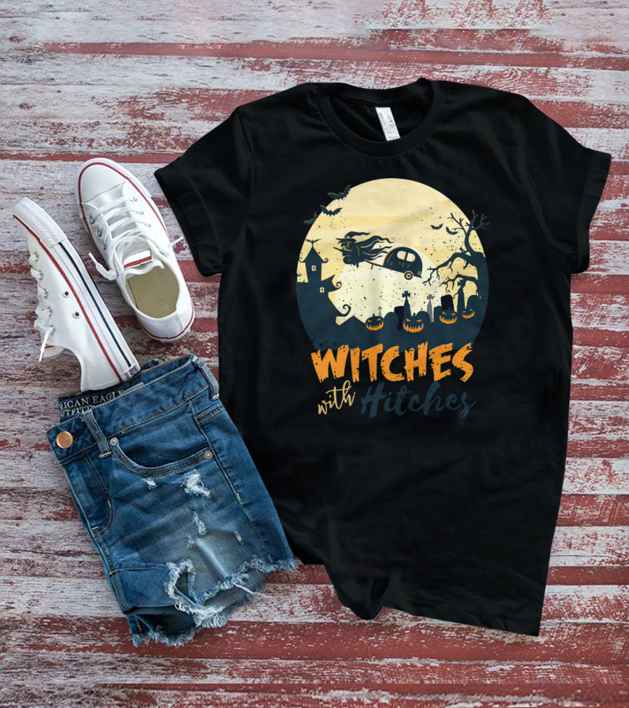 Witches With Hitches Halloween Camper Scene With Flying Broomstick And Spooky Graveyard T-Shirt