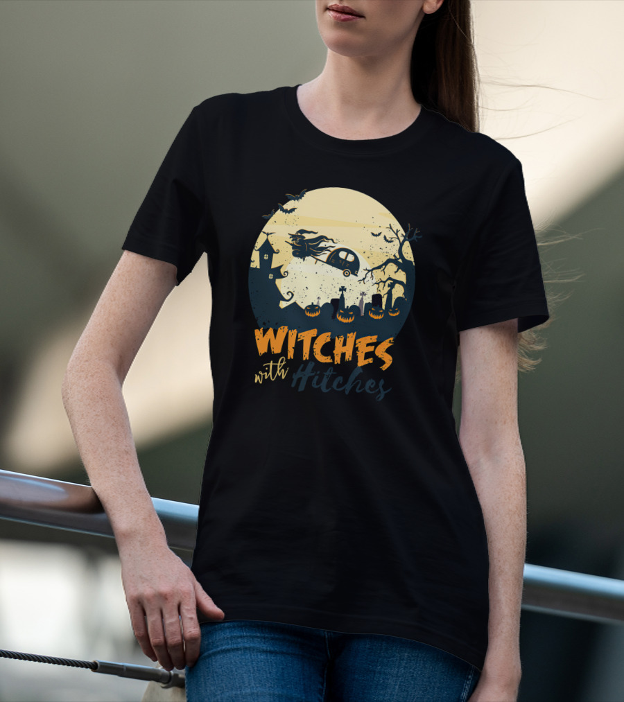 Witches With Hitches Halloween Camper Scene With Flying Broomstick And Spooky Graveyard T-Shirt