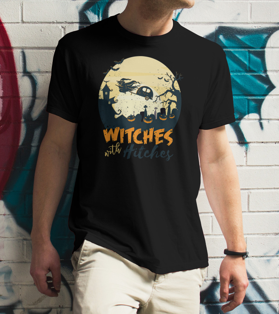 Witches With Hitches Halloween Camper Scene With Flying Broomstick And Spooky Graveyard T-Shirt