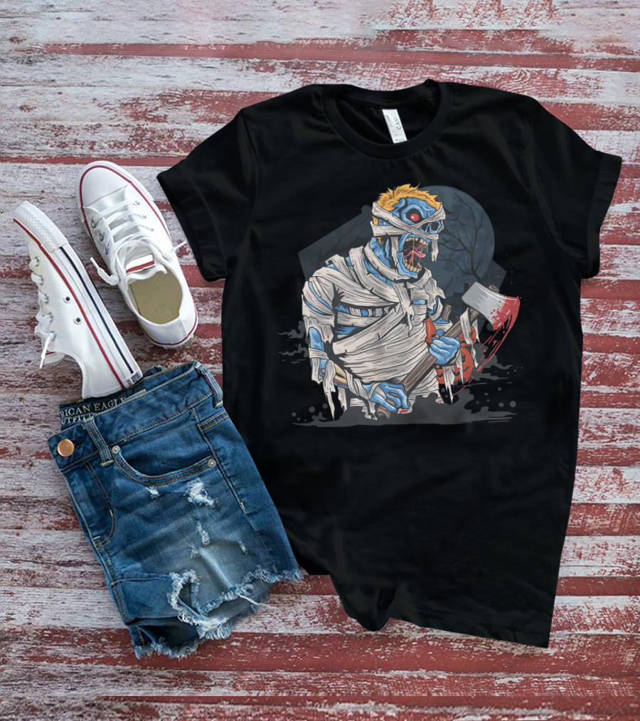 Zombie With Bloody Axe And Tattered Mummy Wrappings Under Full Moon T-Shirt
