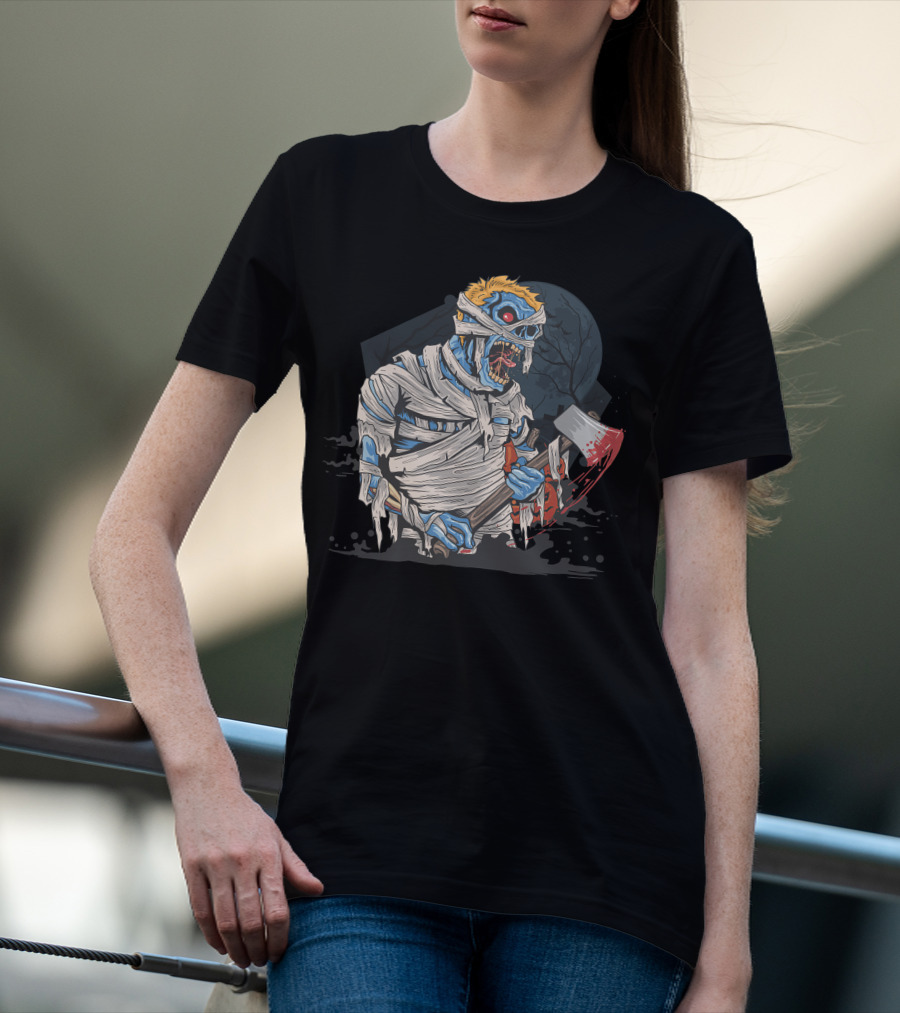 Zombie With Bloody Axe And Tattered Mummy Wrappings Under Full Moon T-Shirt
