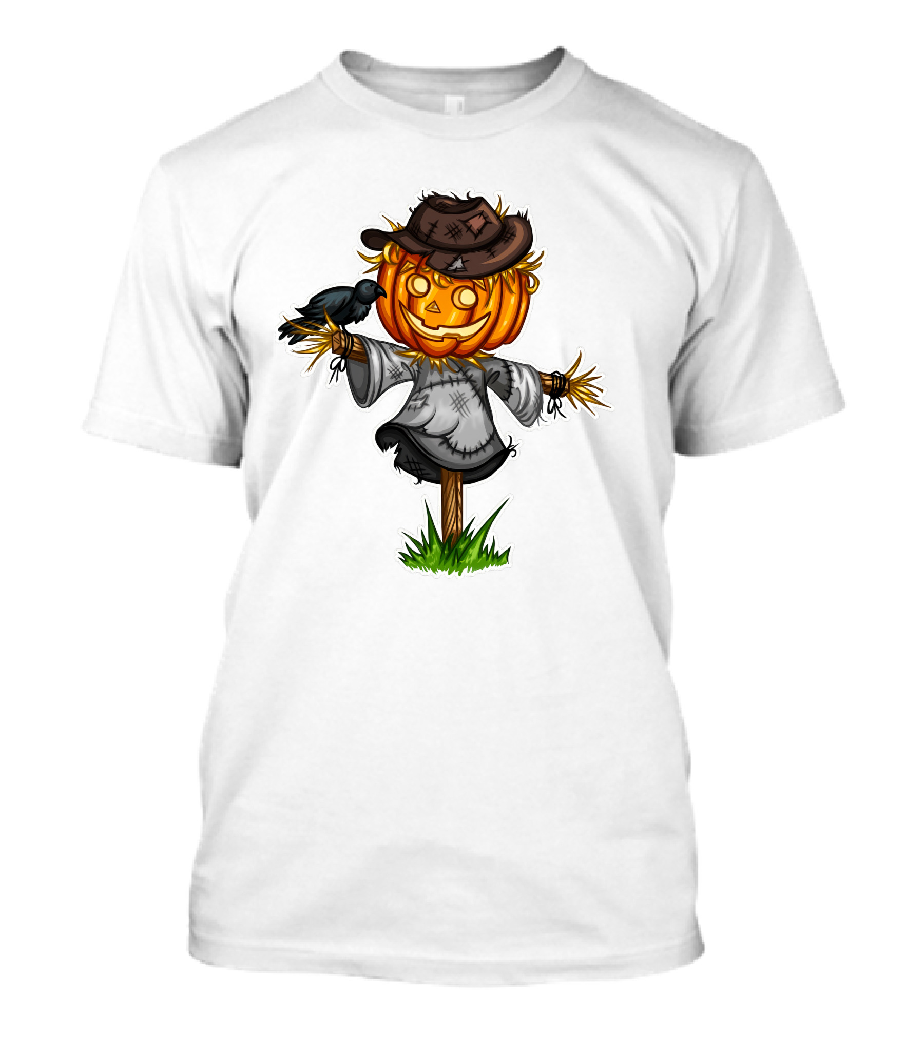 Scarecrow Halloween Pumpkin Head With Crow And Tattered Hat T-Shirt