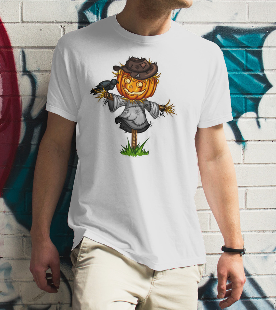 Scarecrow Halloween Pumpkin Head With Crow And Tattered Hat T-Shirt