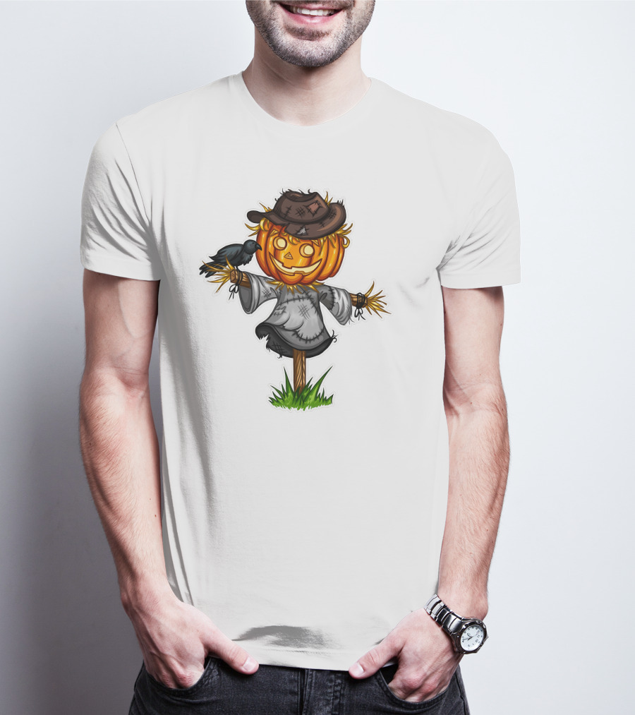 Scarecrow Halloween Pumpkin Head With Crow And Tattered Hat T-Shirt