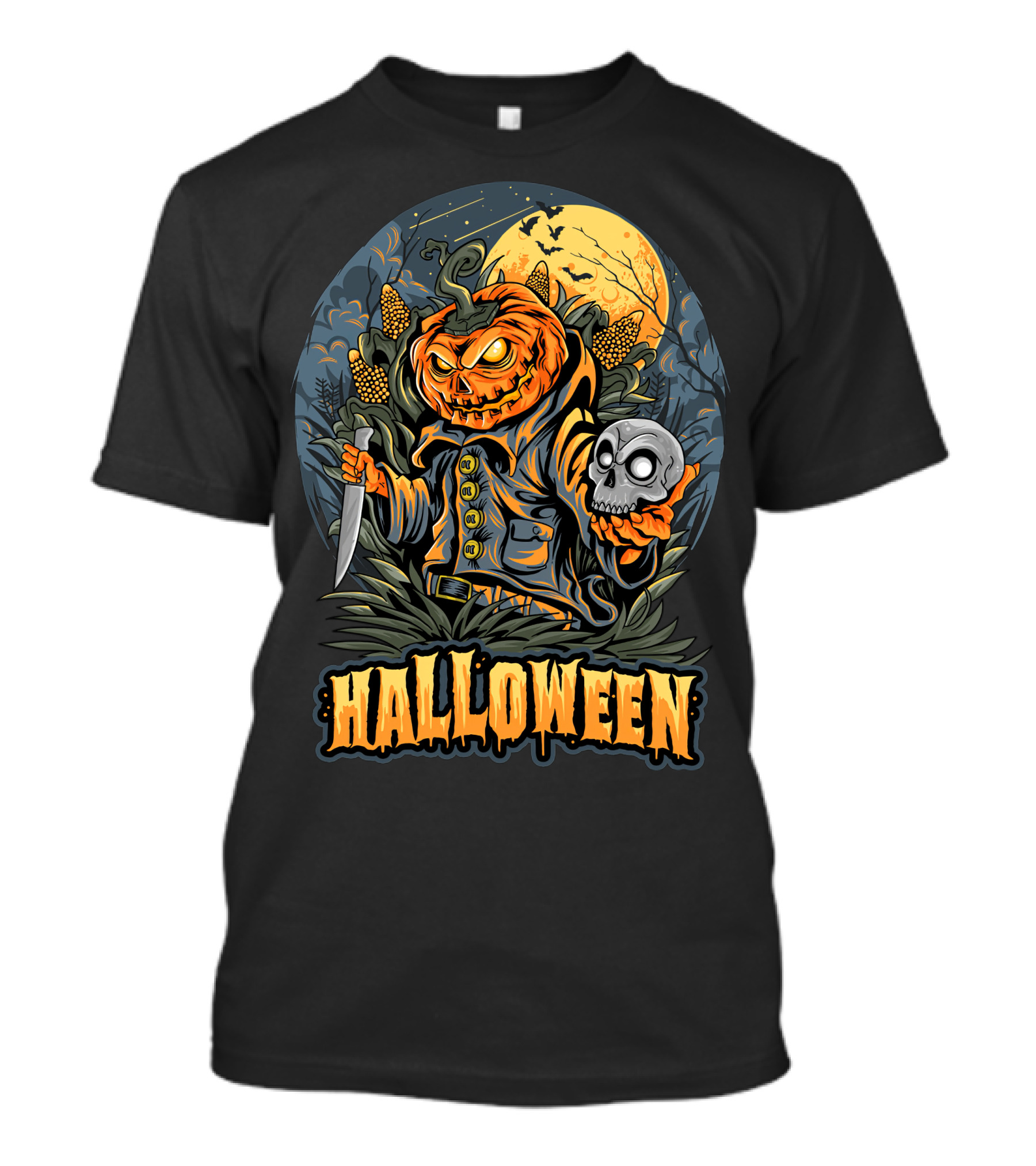 Halloween Pumpkin Head With Knife And Skull In Cornfield Scene T-Shirt
