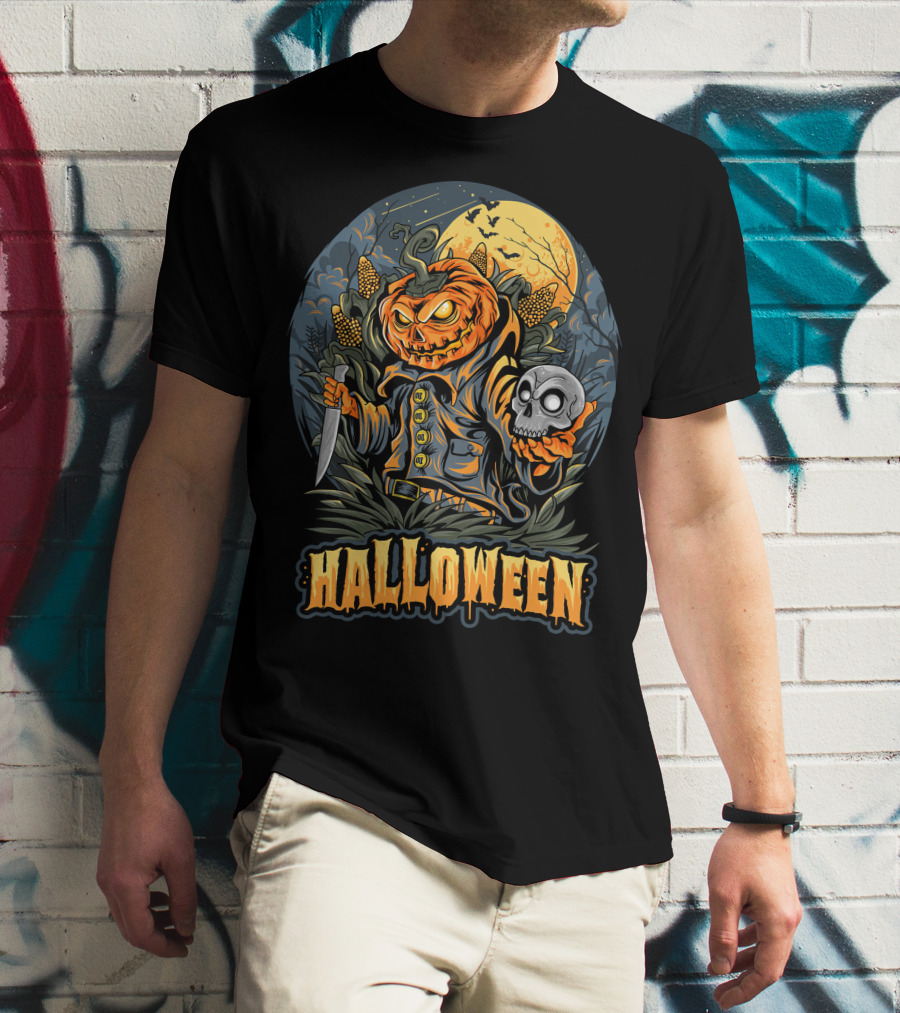 Halloween Pumpkin Head With Knife And Skull In Cornfield Scene T-Shirt