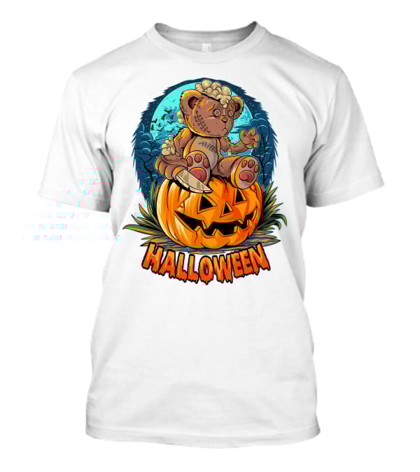 Halloween Teddy Bear On Pumpkin With Moon And Bats T-Shirt