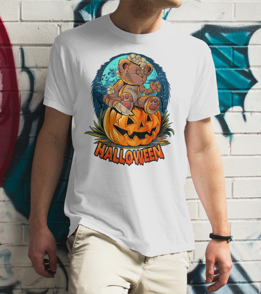 Halloween Teddy Bear On Pumpkin With Moon And Bats T-Shirt