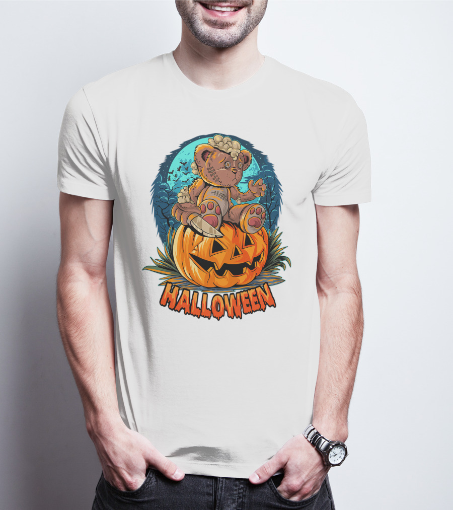 Halloween Teddy Bear On Pumpkin With Moon And Bats T-Shirt