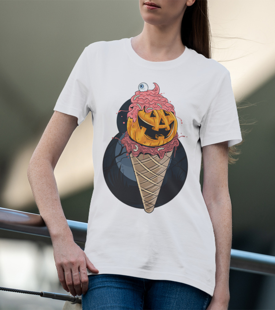 Ice Cream Pumpkin Creepy Cone Halloween Mashup T-Shirt