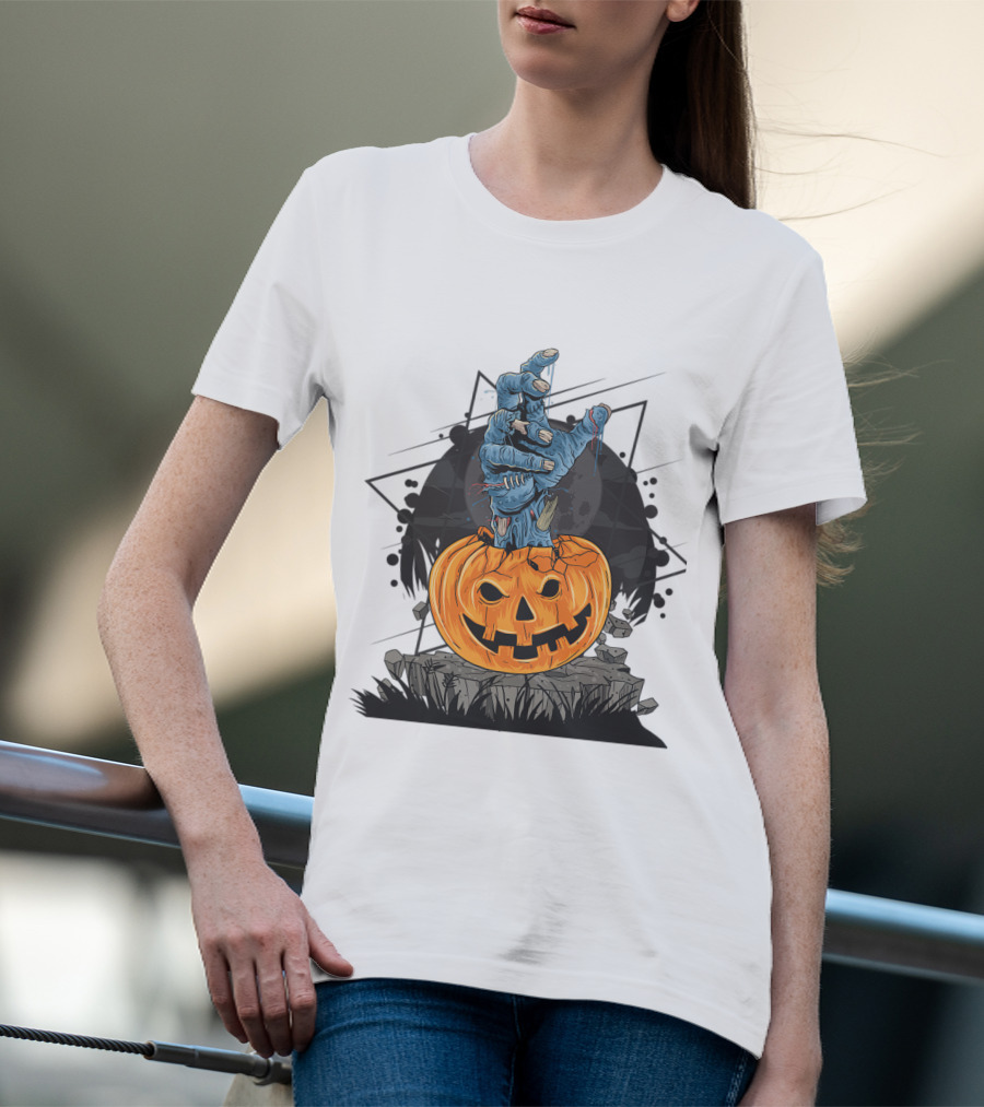 Zombie Hand Emerging From Pumpkin With Spooky Halloween Moon Background T-Shirt