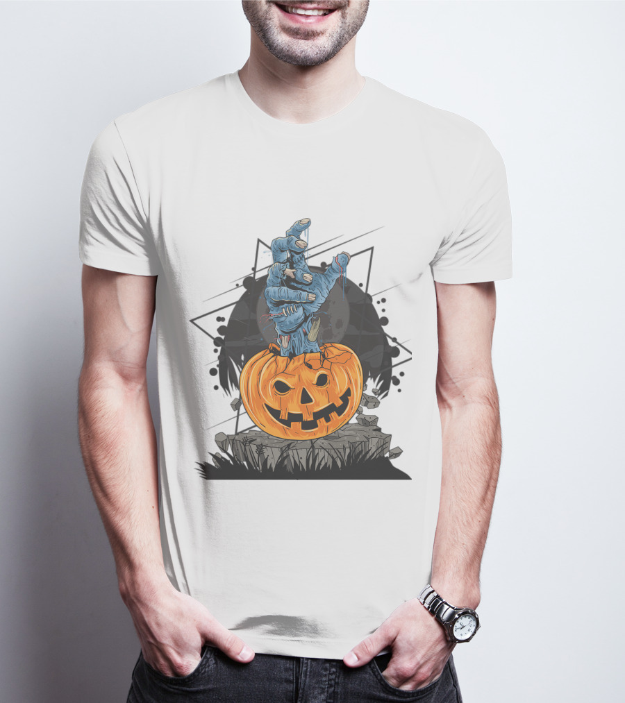 Zombie Hand Emerging From Pumpkin With Spooky Halloween Moon Background T-Shirt
