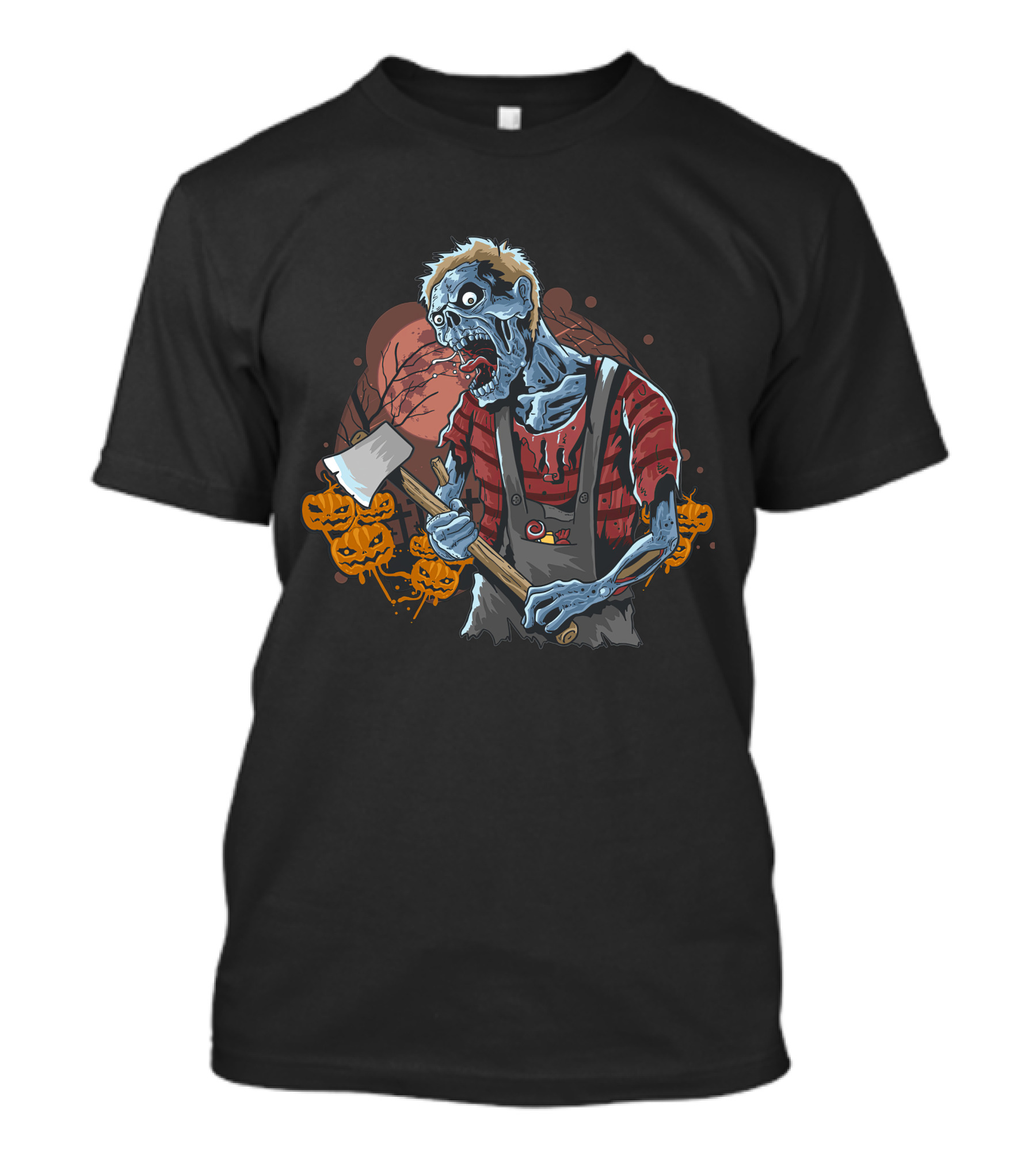 Zombie With Axe And Pumpkins In Spooky Forest T-Shirt