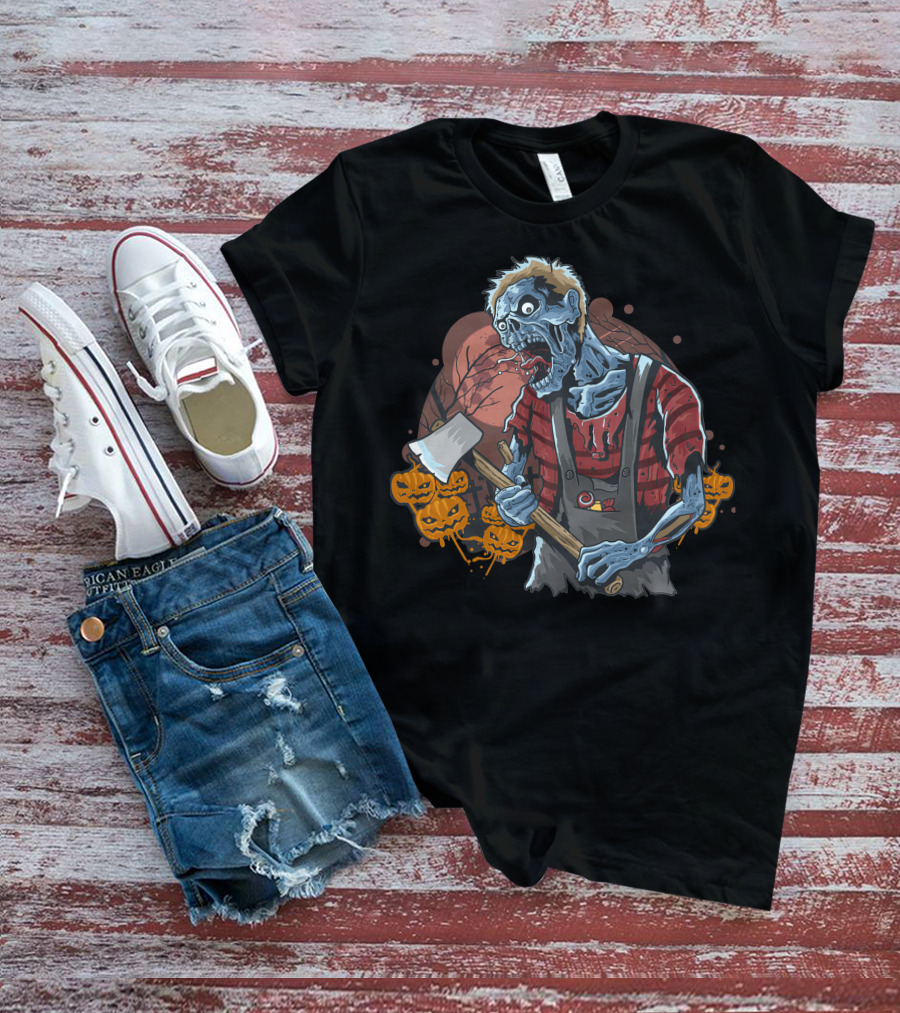 Zombie With Axe And Pumpkins In Spooky Forest T-Shirt