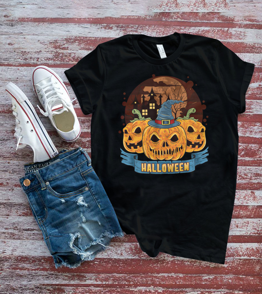 Halloween Spooky Pumpkins With Haunted House And Witch Hat T-Shirt