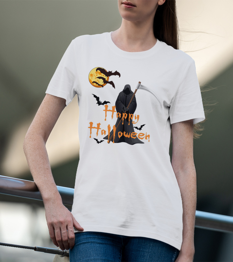 Happy Halloween Grim Reaper With Bats And Moon T-Shirt