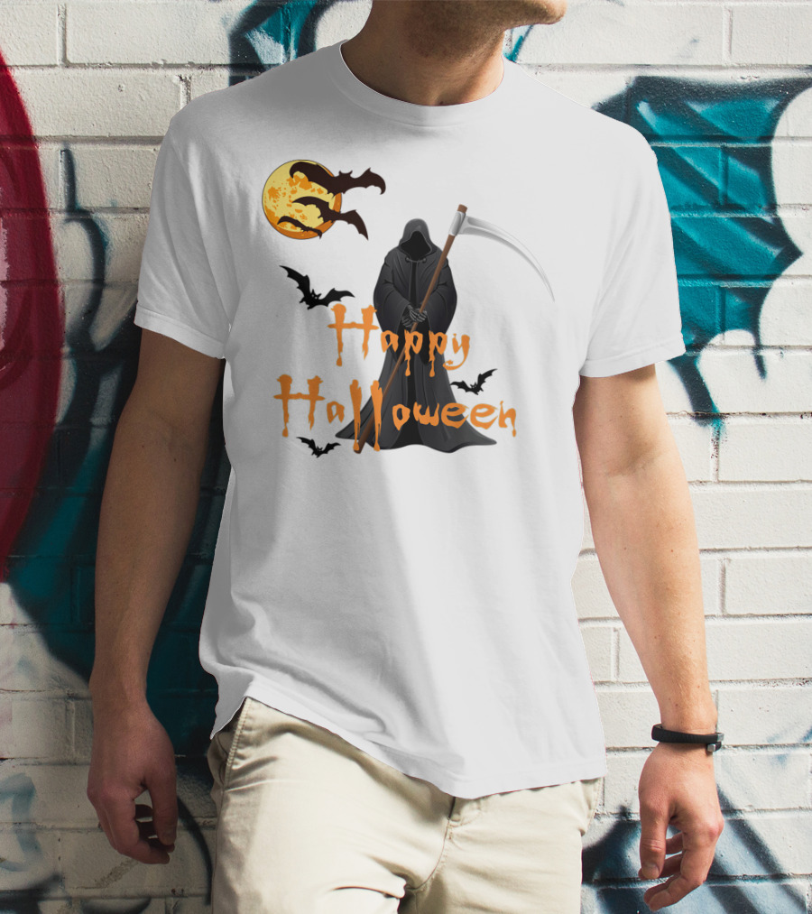 Happy Halloween Grim Reaper With Bats And Moon T-Shirt