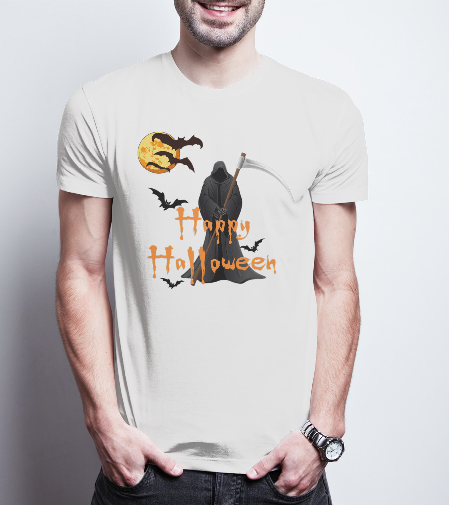Happy Halloween Grim Reaper With Bats And Moon T-Shirt