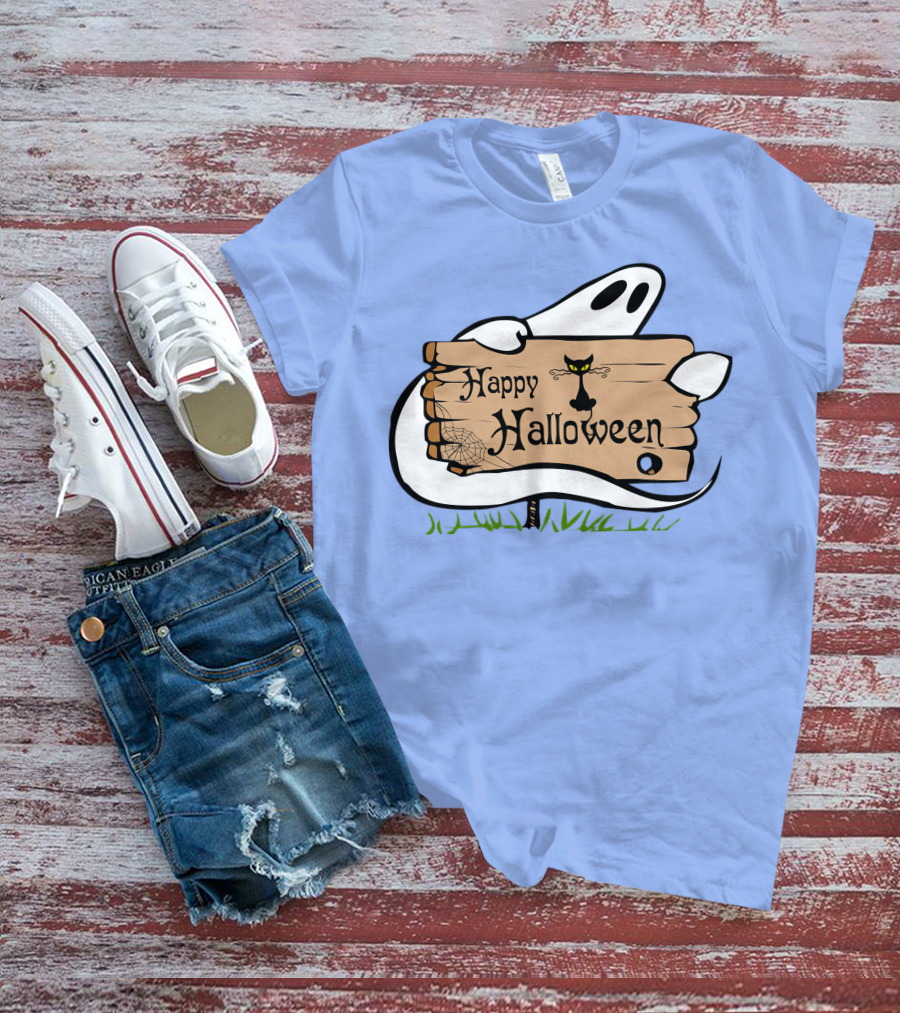 Happy Halloween Ghost With Black Cat And Spider Web T-Shirt