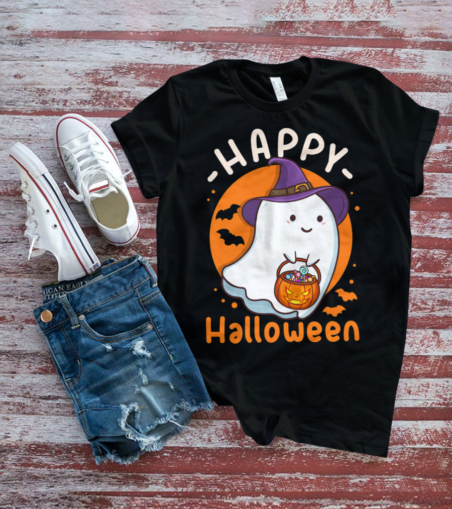 Happy Halloween Ghost With Pumpkin And Witch Hat T-Shirt