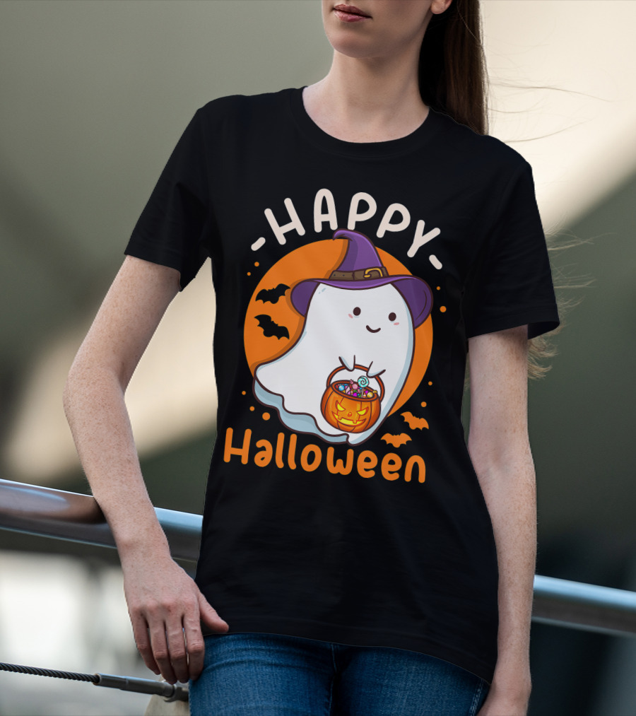 Happy Halloween Ghost With Pumpkin And Witch Hat T-Shirt