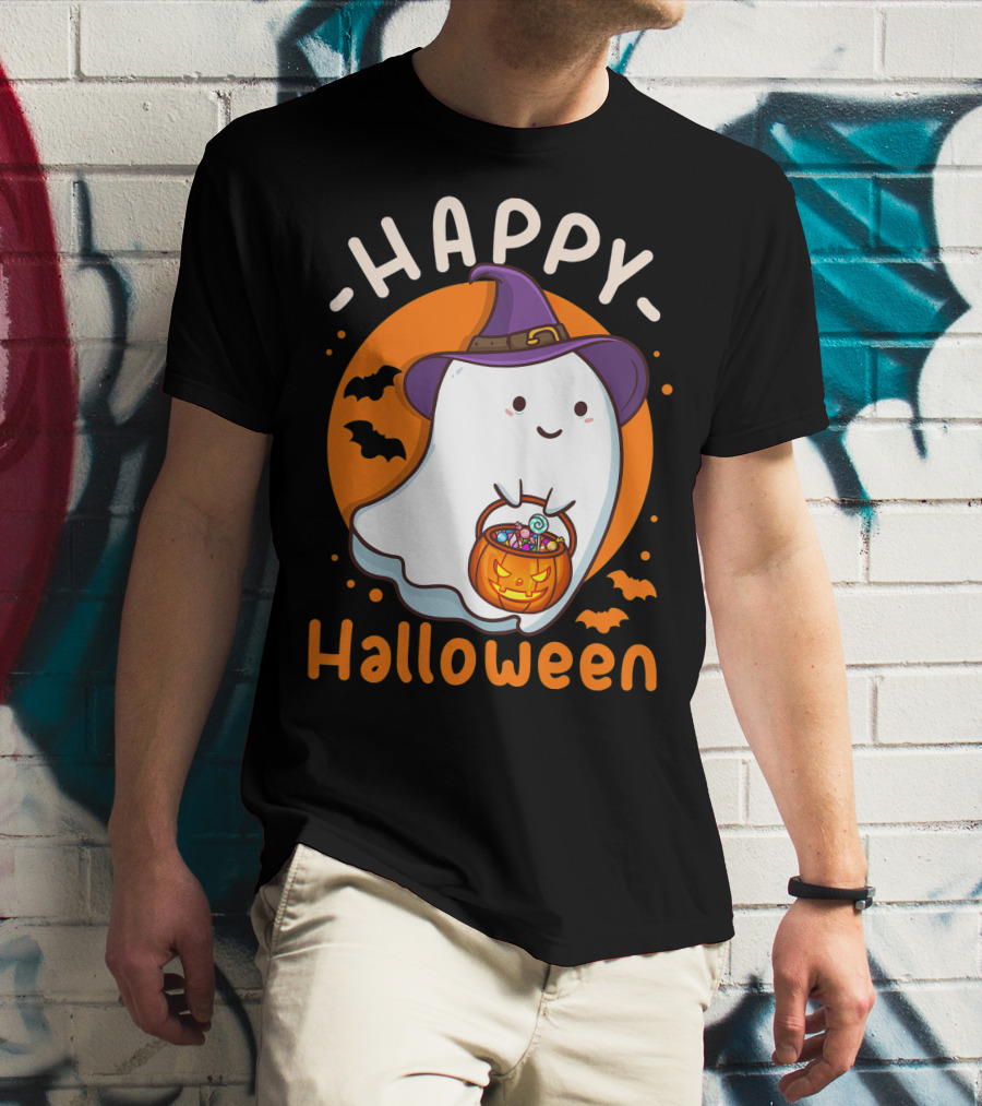 Happy Halloween Ghost With Pumpkin And Witch Hat T-Shirt