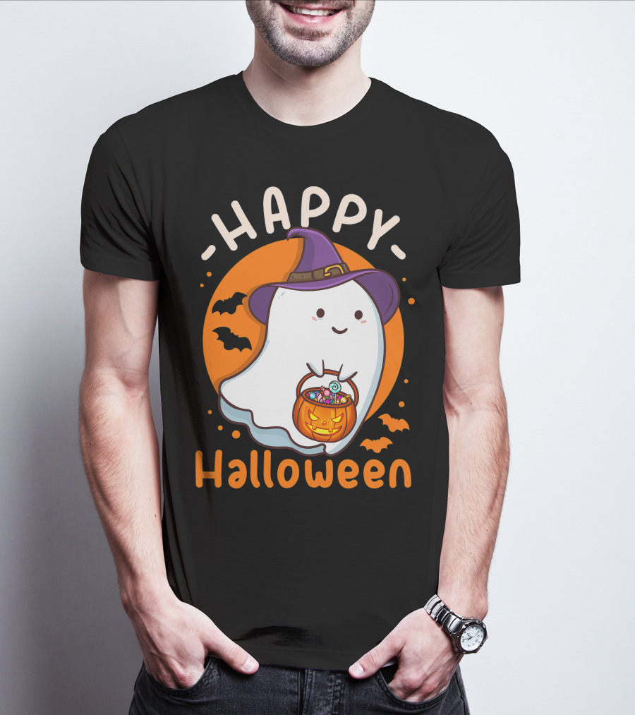 Happy Halloween Ghost With Pumpkin And Witch Hat T-Shirt