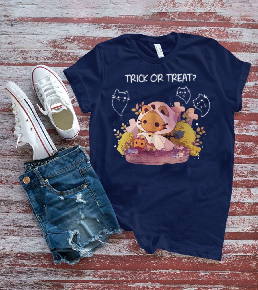 Trick Or Treat Kitty Ghost With Pumpkin And Crosses T-Shirt