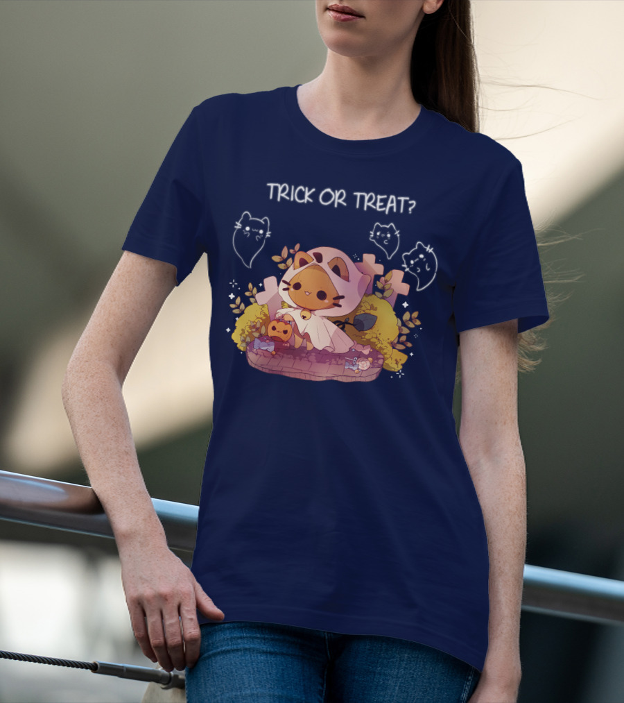 Trick Or Treat Kitty Ghost With Pumpkin And Crosses T-Shirt