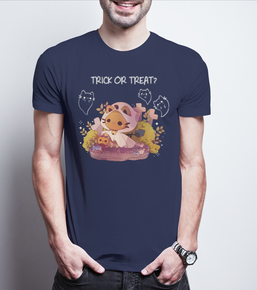 Trick Or Treat Kitty Ghost With Pumpkin And Crosses T-Shirt