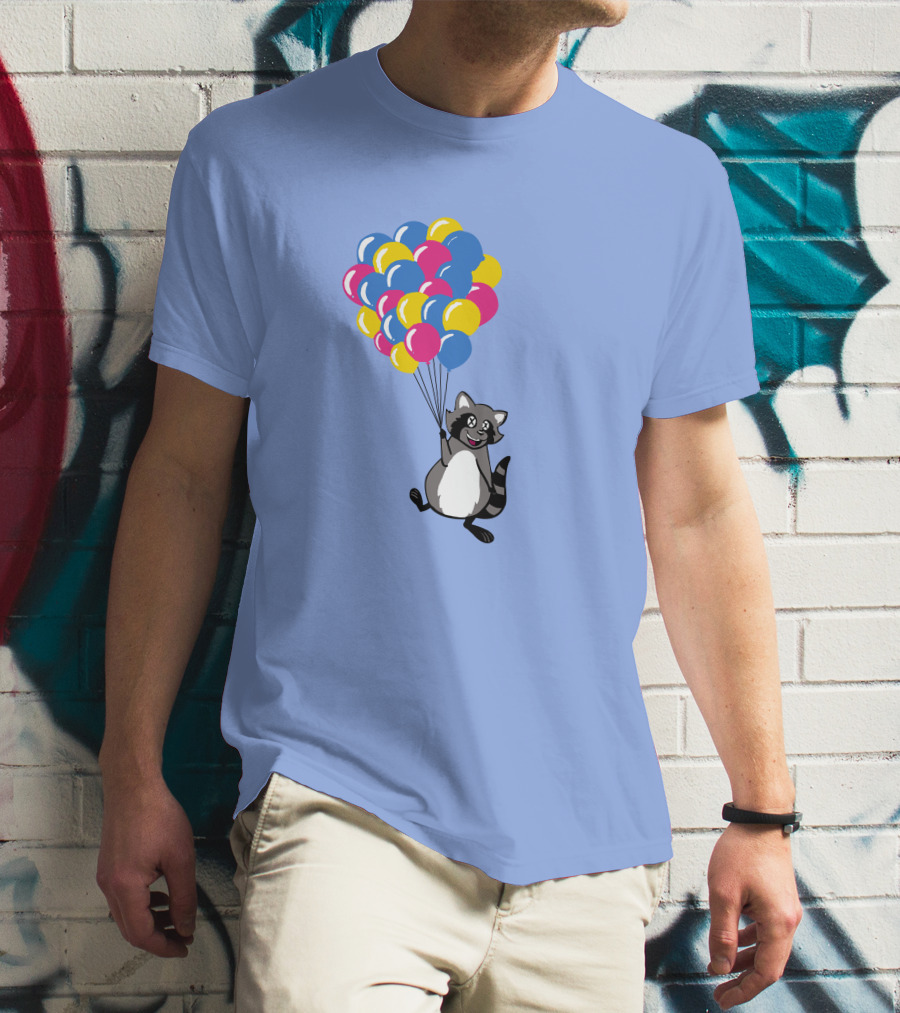 Raccoon Flying With Colorful Balloons T-Shirt