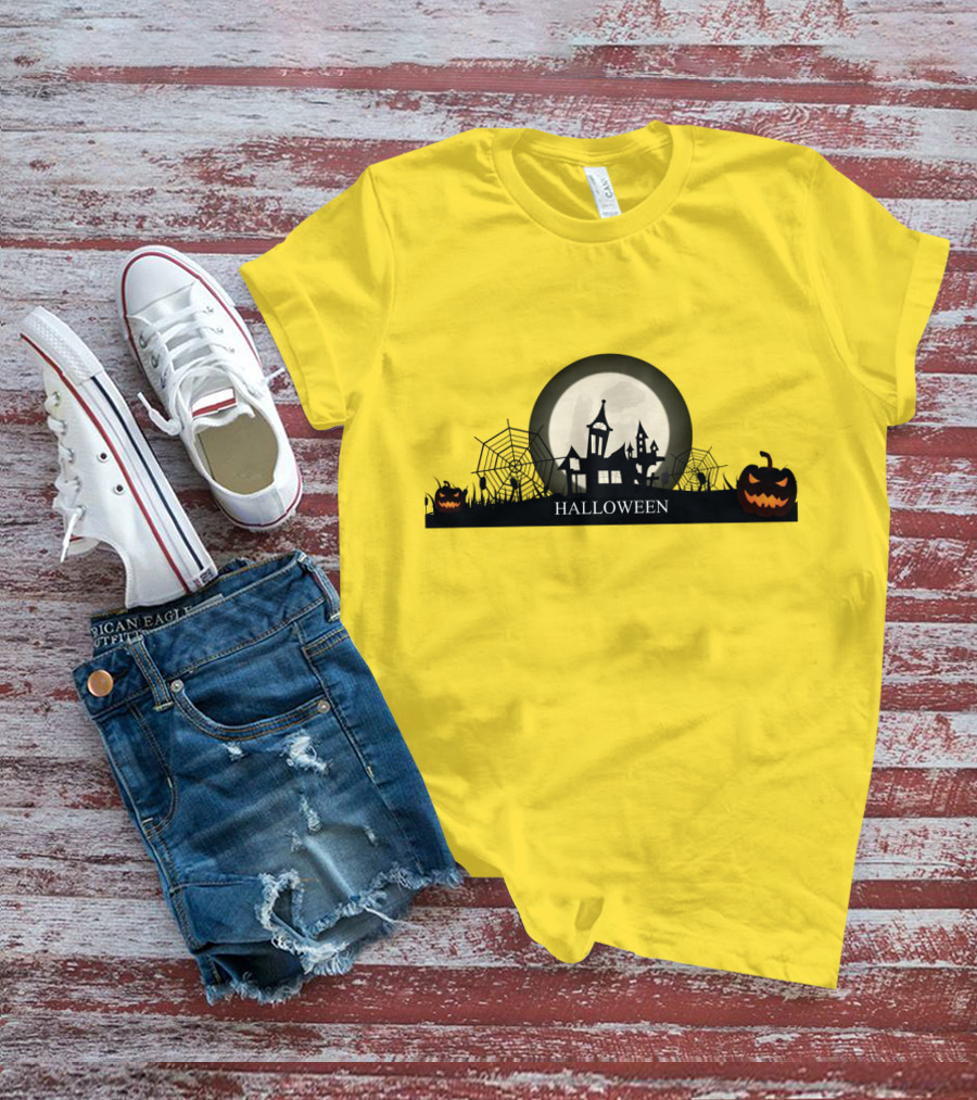 Haunted House And Jack-o'-Lantern Silhouette With Full Moon Halloween Scene T-Shirt