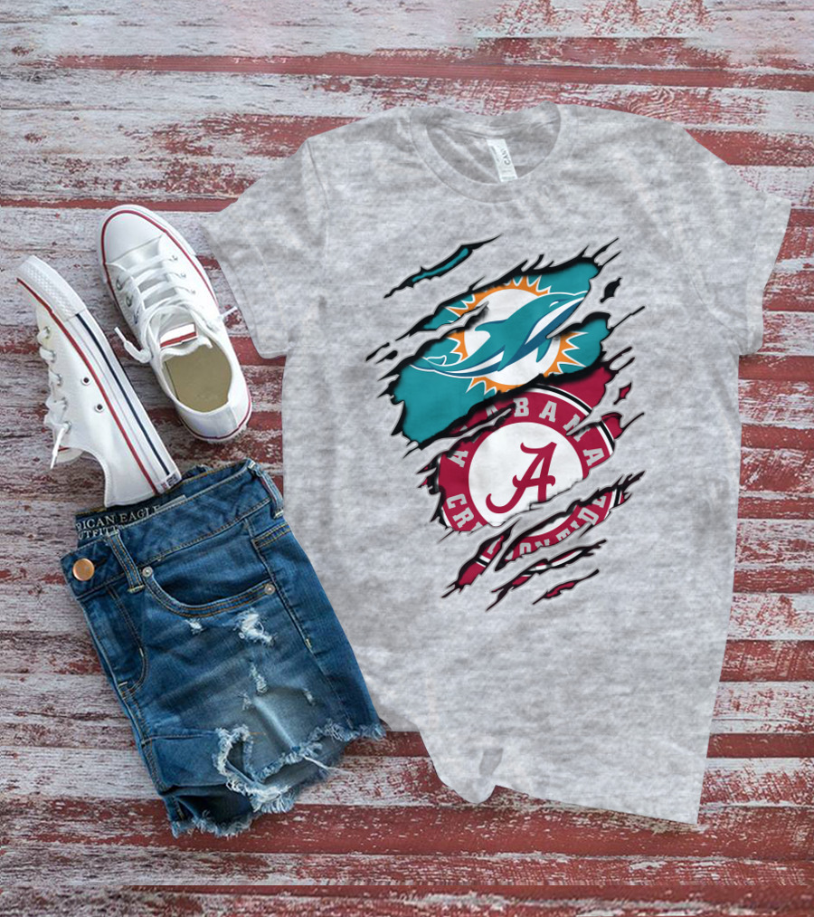 Alabama Crimson Tide And Miami Dolphins Logo Fusion T-Shirt