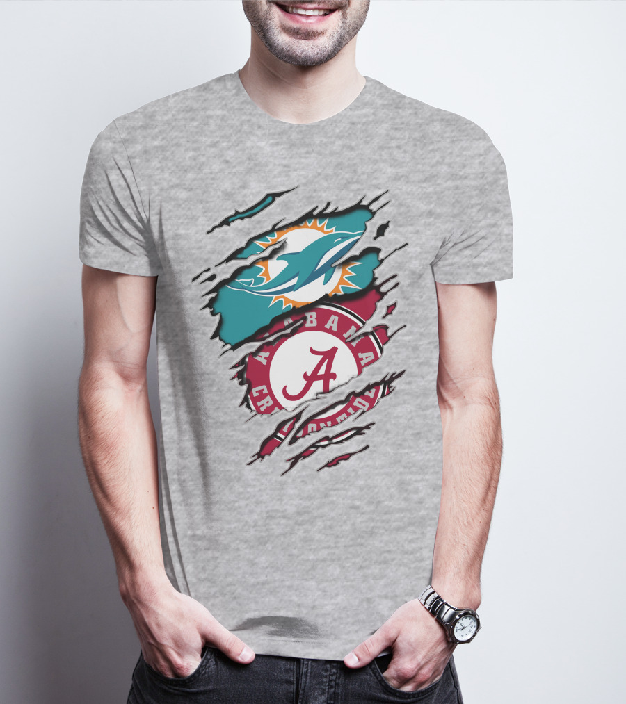 Alabama Crimson Tide And Miami Dolphins Logo Fusion T-Shirt