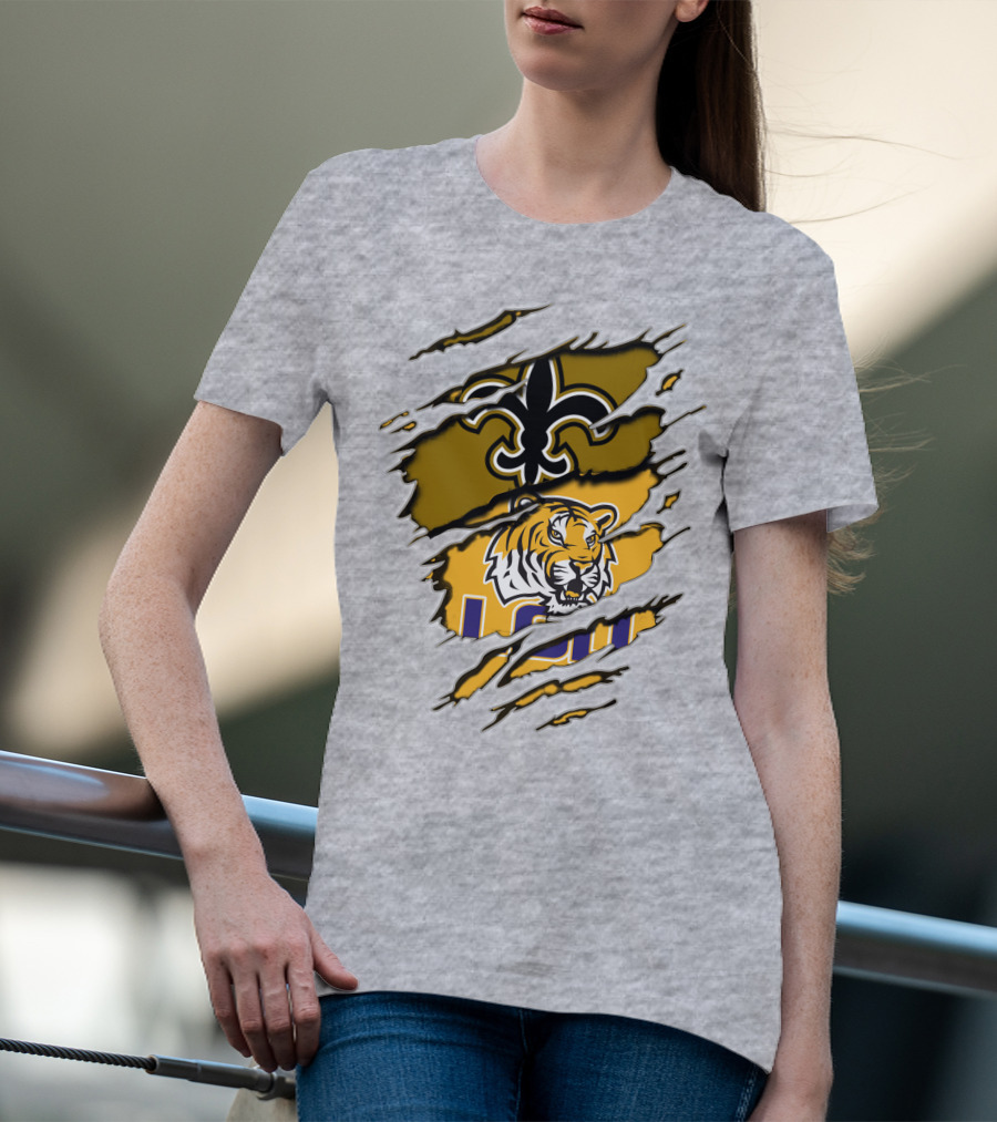 Saints Fleur-de-Lis And LSU Tiger Logo Combination T-Shirt