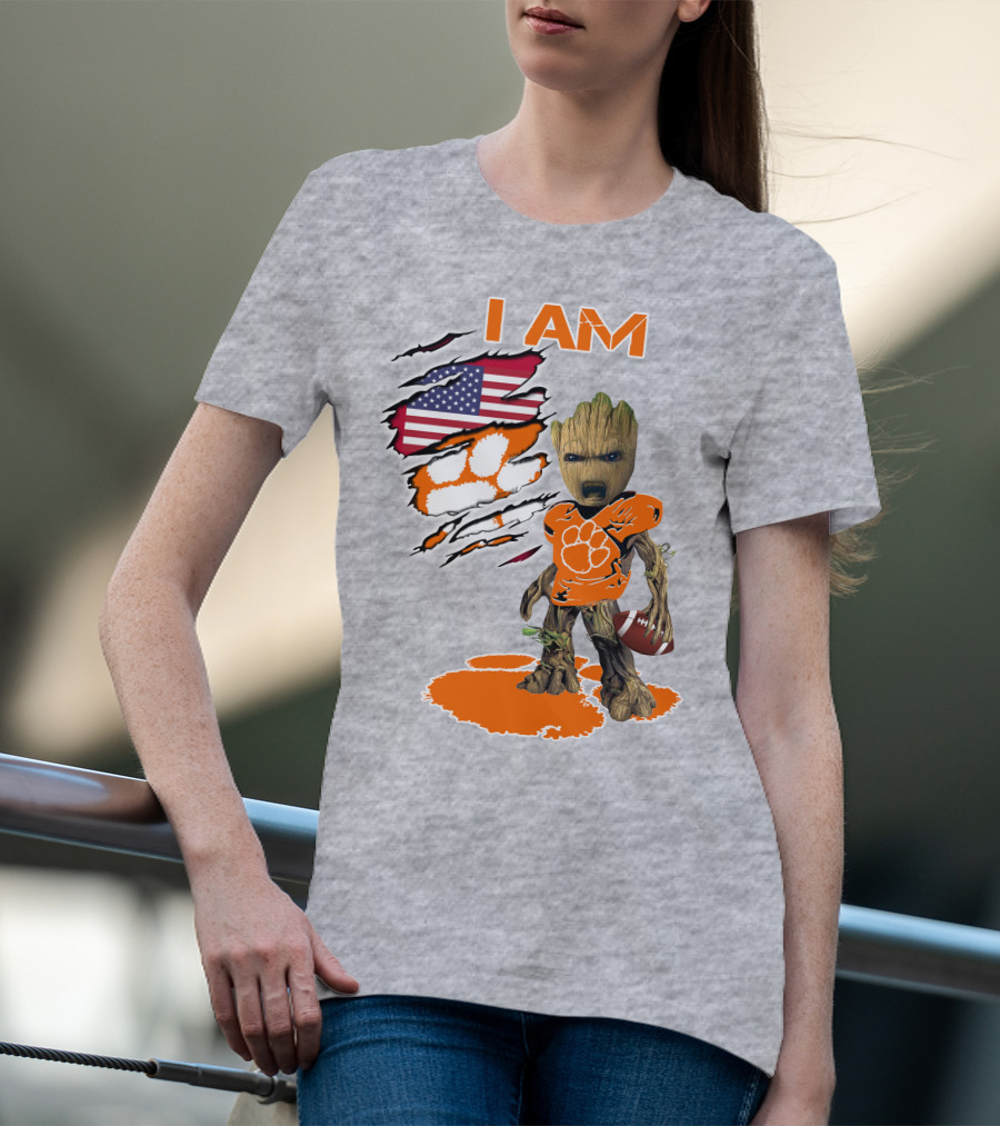 I AM Groot Clemson Football American Flag Background T-Shirt