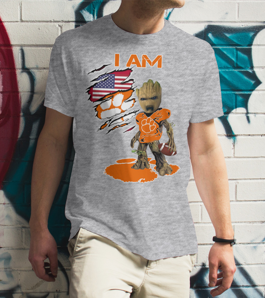 I AM Groot Clemson Football American Flag Background T-Shirt