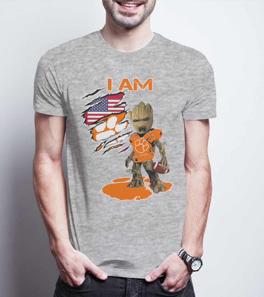 I AM Groot Clemson Football American Flag Background T-Shirt