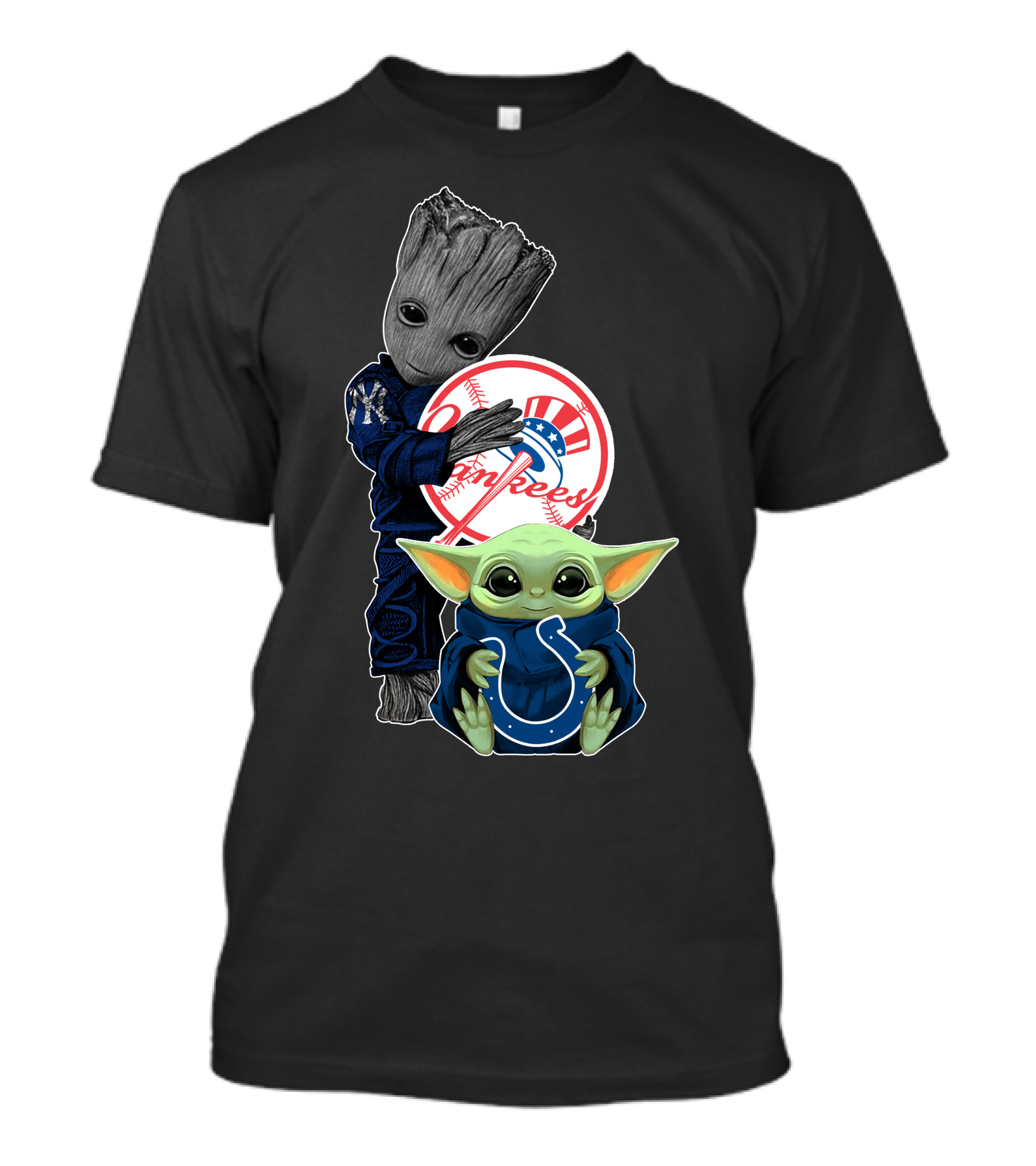 Yankees Groot Holding Baseball With Colts Baby Yoda T-Shirt